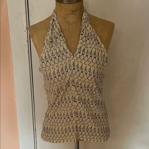 Cream Halter Tank Top with Navy Print
